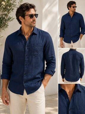 Michael Kors SLIM FIT Men’s 100% Linen Button Down Shirt – Navy Blue – XL